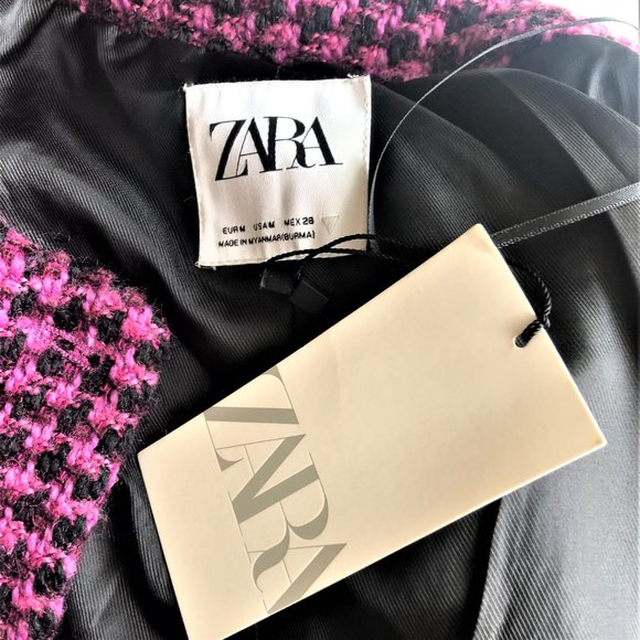 ZARA Pink Houndstooth Cropped Fitted Tweed Jacket Size M/S NEW with Tag - Picture 7 of 7